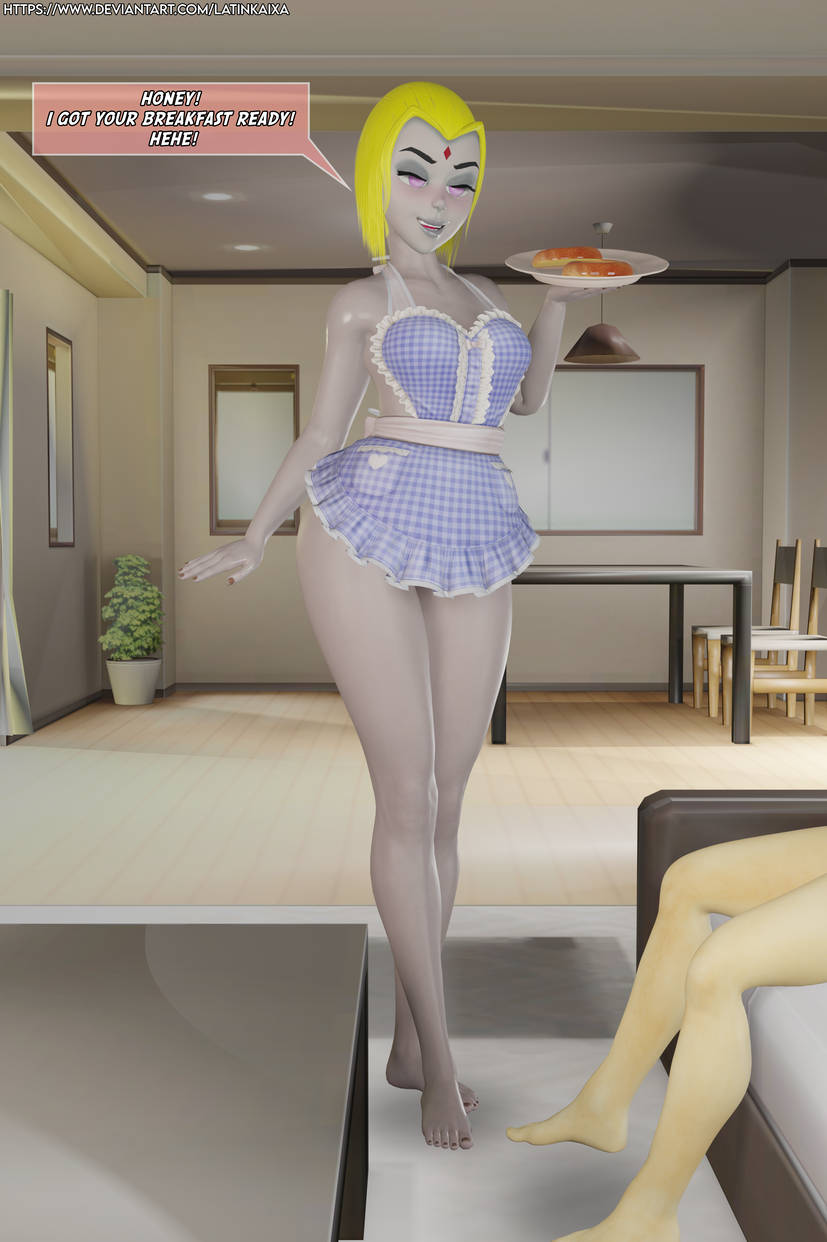 3d apron barefoot blonde_hair dc_comics domestication english_text feet femsub happy_trance latinkaixa open_mouth pink_eyes raven short_hair smile standing teen_titans text