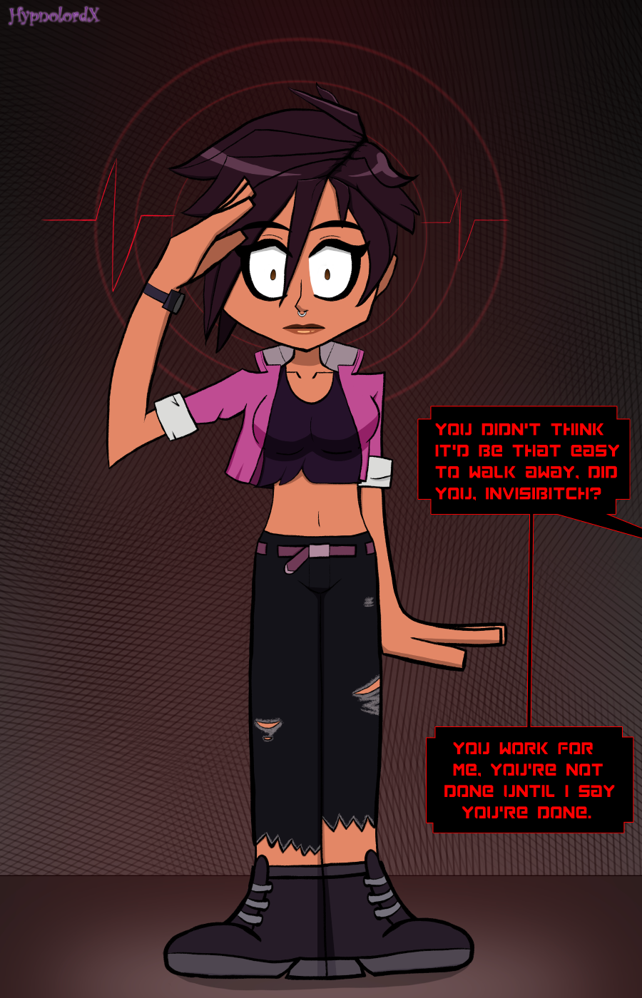 boots clothed dialogue dispatch_(game) expressionless femsub hypnolordx invisigal_(dispatch) jacket nose_ring saluting short_hair shrunken_irises signature speech_bubble tan_skin text