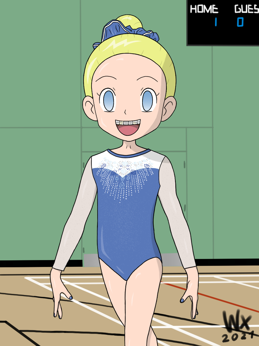 blonde_hair bonnie empty_eyes femsub gym gym_uniform happy_trance leotard loli nail_polish nintendo pokemon smile weirdfoxx