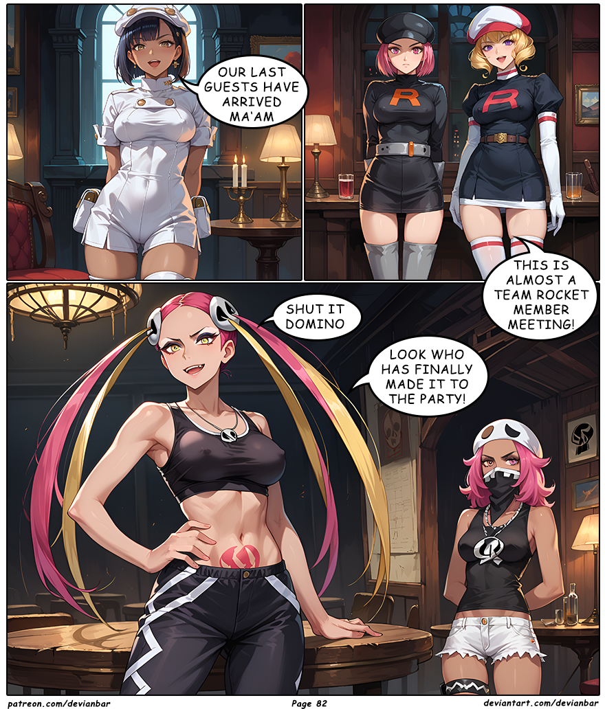 aether_foundation aether_foundation_employee ai_art black_hair blonde_hair dark_skin devianbar dialogue domino_(pokemon) femsub large_breasts long_hair nintendo pink_hair pokemon short_hair team_hypno team_rocket team_rocket_grunt team_skull team_skull_grunt text