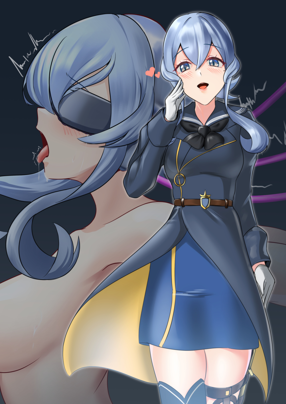 arms_behind_back before_and_after belt blue_background blue_eyes blue_hair blush boots cables convenient_censoring corruption drool femsub gloves gotland_(kantai_collection) heart kantai_collection looking_at_viewer nude open_mouth simple_background skirt tears tech_control thigh_boots thighhighs tied_hair tongue tongue_out trembling uniform visor watanuki wires