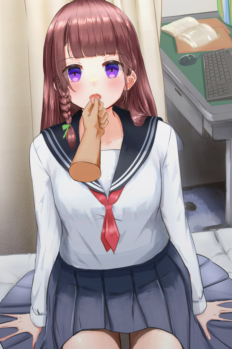 blush brown_hair cellophane_tape drool empty_eyes original purple_eyes school_uniform skirt tongue tongue_out