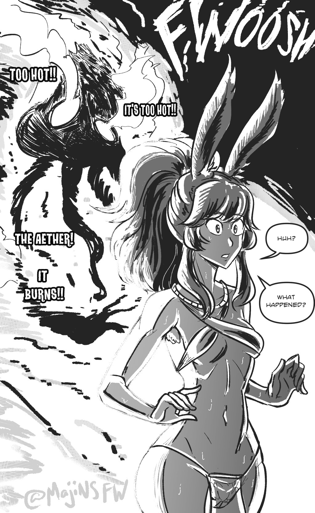 armpit_hair bare_shoulders breasts bunny_ears cleavage collarbone death eyebrows_visible_through_hair final_fantasy final_fantasy_xiv fyuria_hatless harem_outfit humor long_hair magic majinsfw midriff mind_flayer navel necklace ponytail pubic_hair pussy see-through skirt sweat tagme text trance_break unaware underboob viera wide_hips