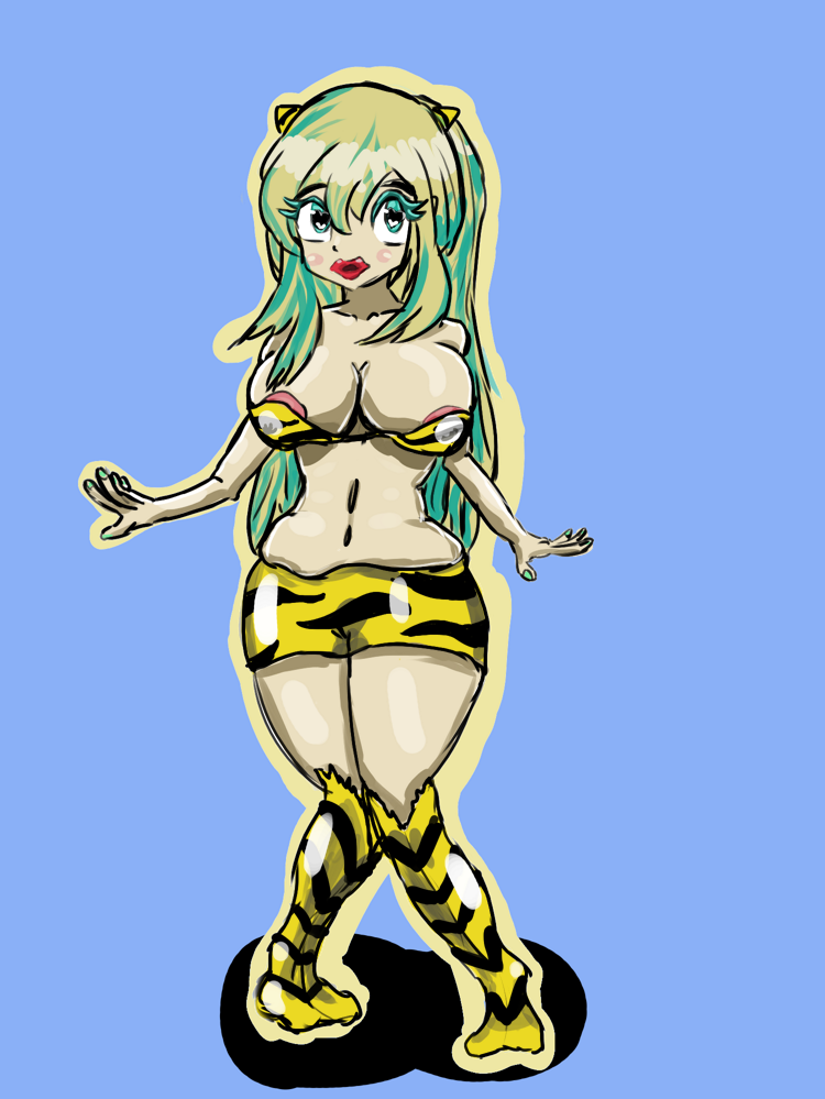 artist_request bikini bimbofication blonde_hair cleavage clothed_exposure collarbone female_only femsub green_eyes green_hair hair_ornament kneehighs knees_together large_breasts lipstick lum makeup nail_polish nipples red_lipstick simple_background solo source_request standing thighhighs urusei_yatsura