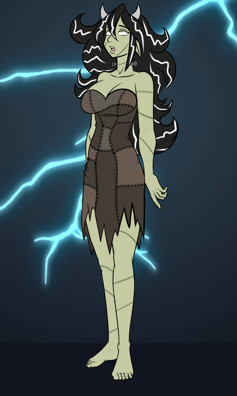 barefoot cleavage clothed dazed dress empty_eyes feet female_only femsub green_eyes green_skin horns katsiika multicolored_hair open_mouth original shrunken_irises standing very_long_hair