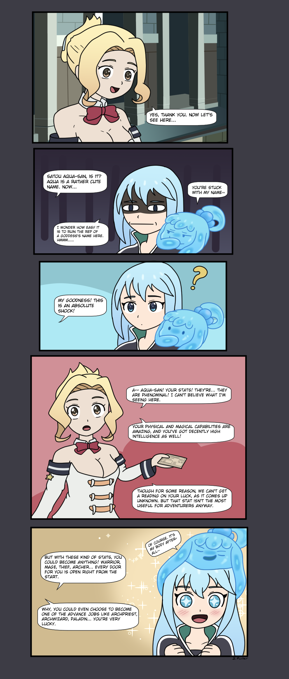 alternate_costume alternate_form alternate_hairstyle aqua_(konosuba) bare_shoulders blonde_hair blue_eyes blue_hair blush breasts brisksunrise character_request cleavage closed_eyes clothed comic confused cosplay costume dialogue english_text femsub goddess kazuma_satou kono_subarashii_sekai_ni_shukufuku_wo! maledom open_mouth possession slime smile sparkle speech_bubble symbol text very_long_hair yellow_eyes