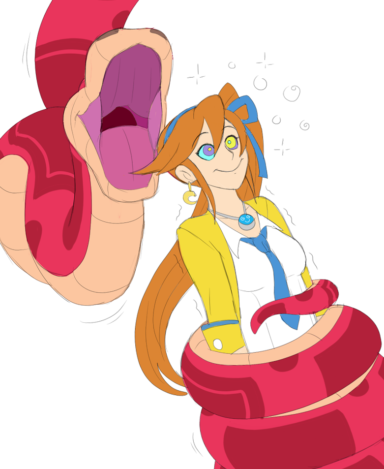 ace_attorney athena_cykes bondage breasts coils femsub hair_ribbon happy_trance imminent_vore kaa_eyes large_breasts orange_hair original plsgts ponytail ribbon saalim_(plsgts) simple_background snake white_background widget