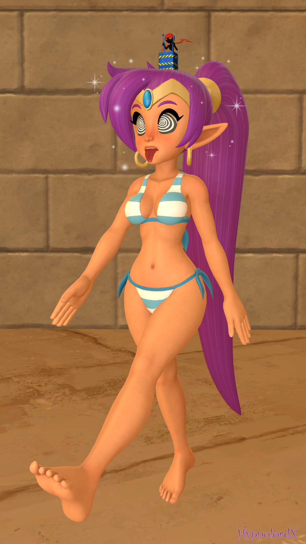 3d barefoot bikini body_control dazed earrings elf_ears femsub genie headband hypnolordx jewelry midriff navel open_mouth ponytail purple_hair shantae shantae_(series) source_filmmaker sparkle spiral_eyes symbol_in_eyes tan_skin tech_control tinkerbat tongue tongue_out very_long_hair