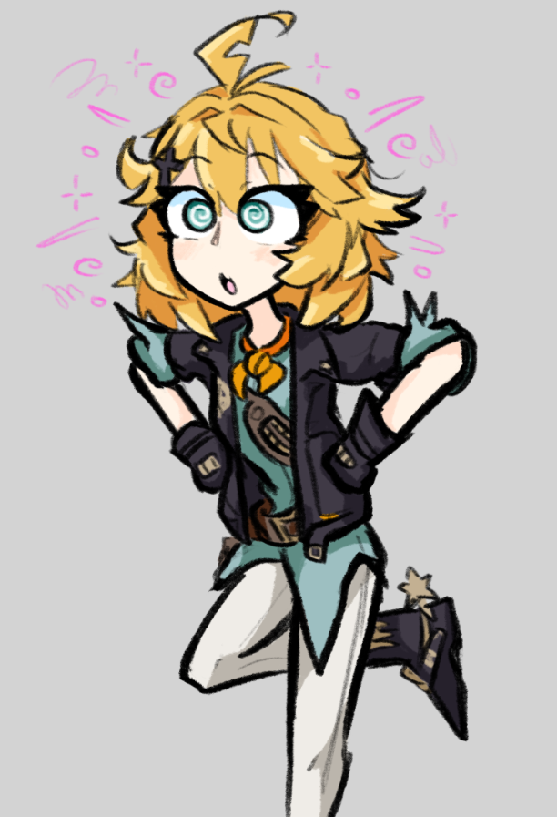 ahoge blonde_hair boots chicken_pose dokibird female_only femsub gloves green_eyes grey_background open_mouth original short_hair simple_background skecchyartist spiral spiral_eyes virtual_youtuber