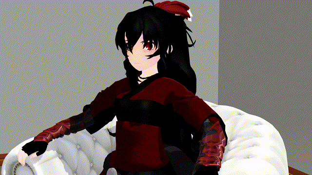 3d ahoge airmotor animated animated_gif black_hair bracers clothed couch eye_roll female_only femsub fingerless_gloves hair_ribbon kimono mmd necklace raven_branwen red_eyes resisting rwby sleep_command traditional_hypnosis