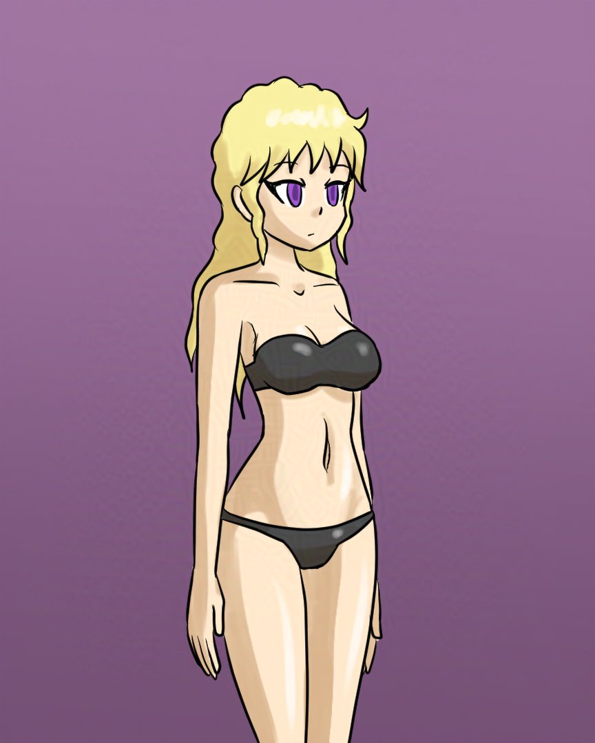 alternate_costume bare_legs bare_shoulders blonde_hair bra breasts cleavage clothed ellen_(nobody-kadaj) empty_eyes expressionless femsub midriff mythkaz navel original panties purple_background purple_eyes simple_background solo standing thighs underwear very_long_hair