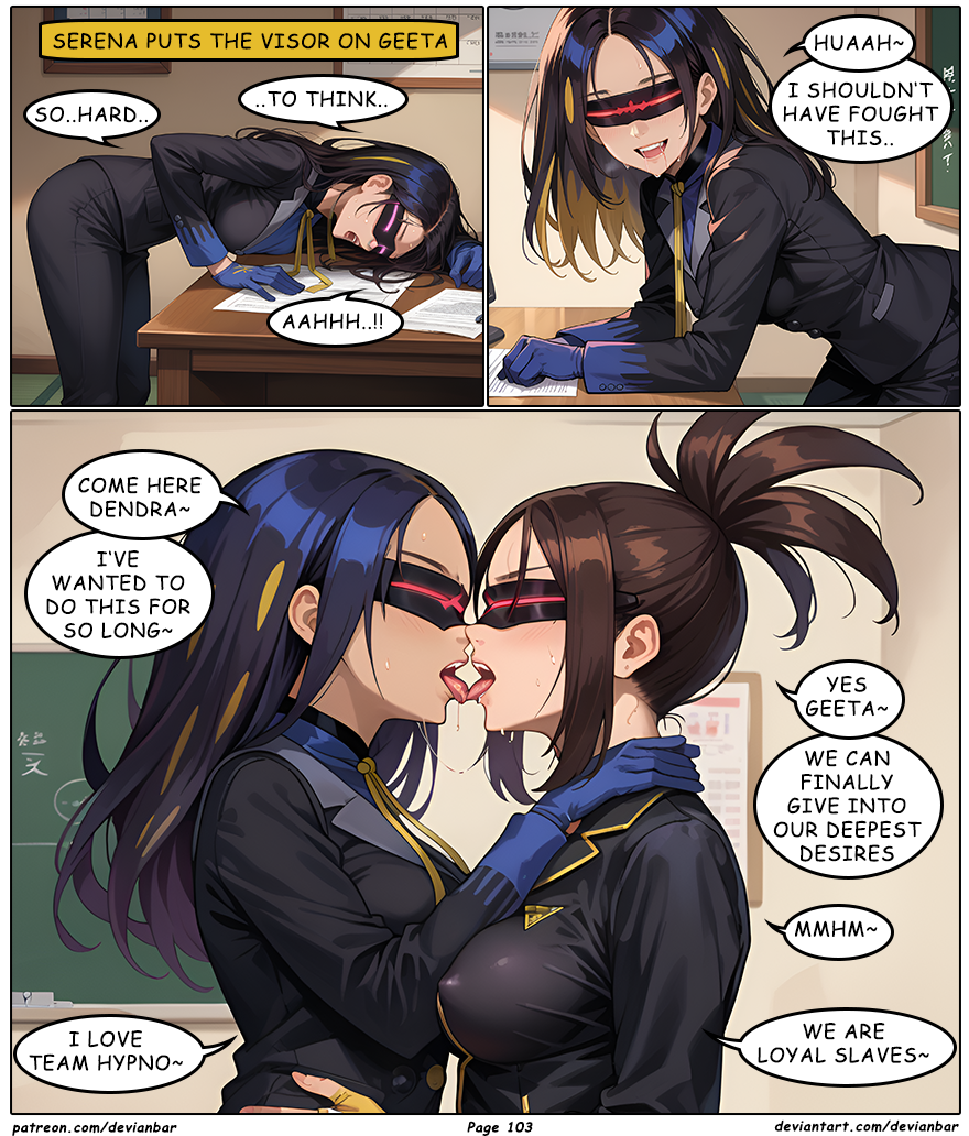 ai_art black_hair dendra_(pokemon) devianbar dialogue femsub geeta_(pokemon) happy_trance kissing long_hair nintendo pokemon team_hypno tech_control text visor