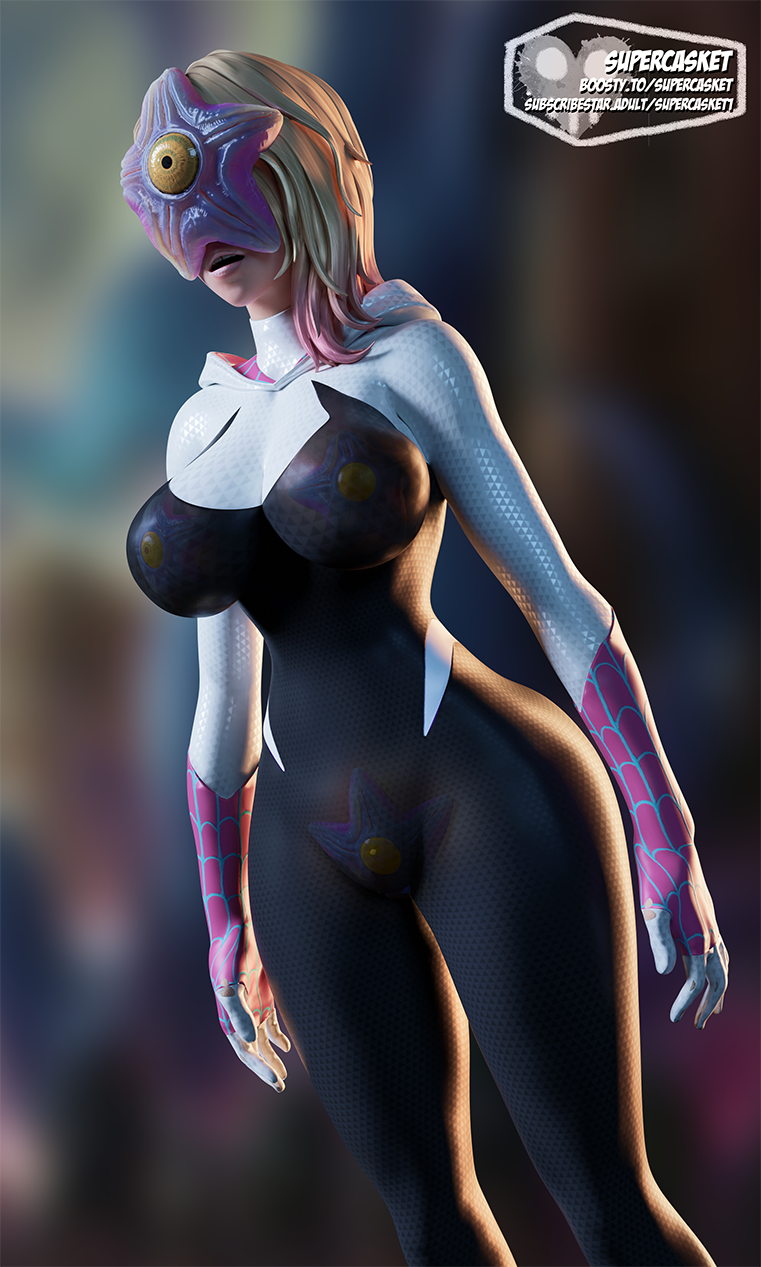 3d aged_up alien blender blonde_hair bodysuit dc_comics expressionless femsub gwen_stacy large_breasts large_hips marvel_comics multicolored_hair parasite pink_hair see-through short_hair spider-gwen standing_at_attention starro super_hero supercasket tight_clothing
