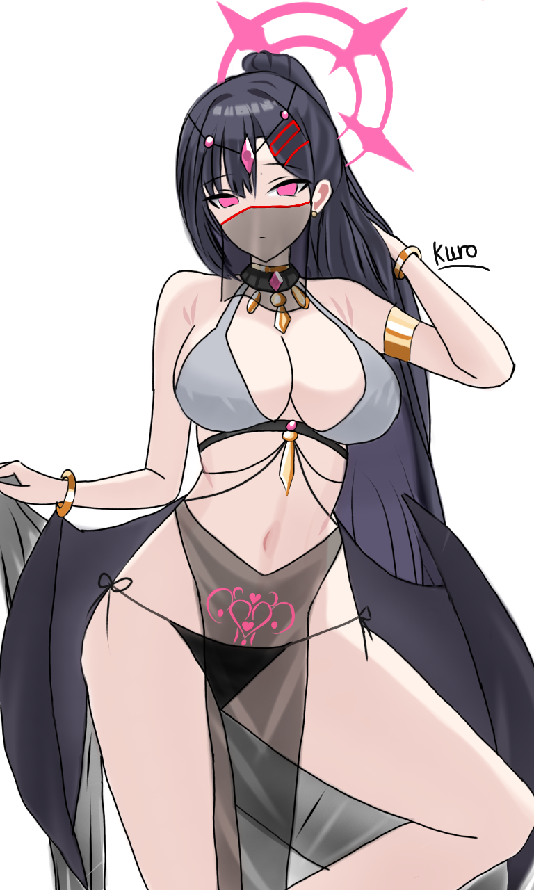 alternate_hairstyle black_hair blue_archive breasts choker crotch_tattoo empty_eyes expressionless female_only femsub hair_clips halo harem_outfit heart_tattoo huge_breasts ichika_(blue_archive) jewelry kurogami_fuyuki pink_eyes ponytail see-through signature solo tattoo veil wings