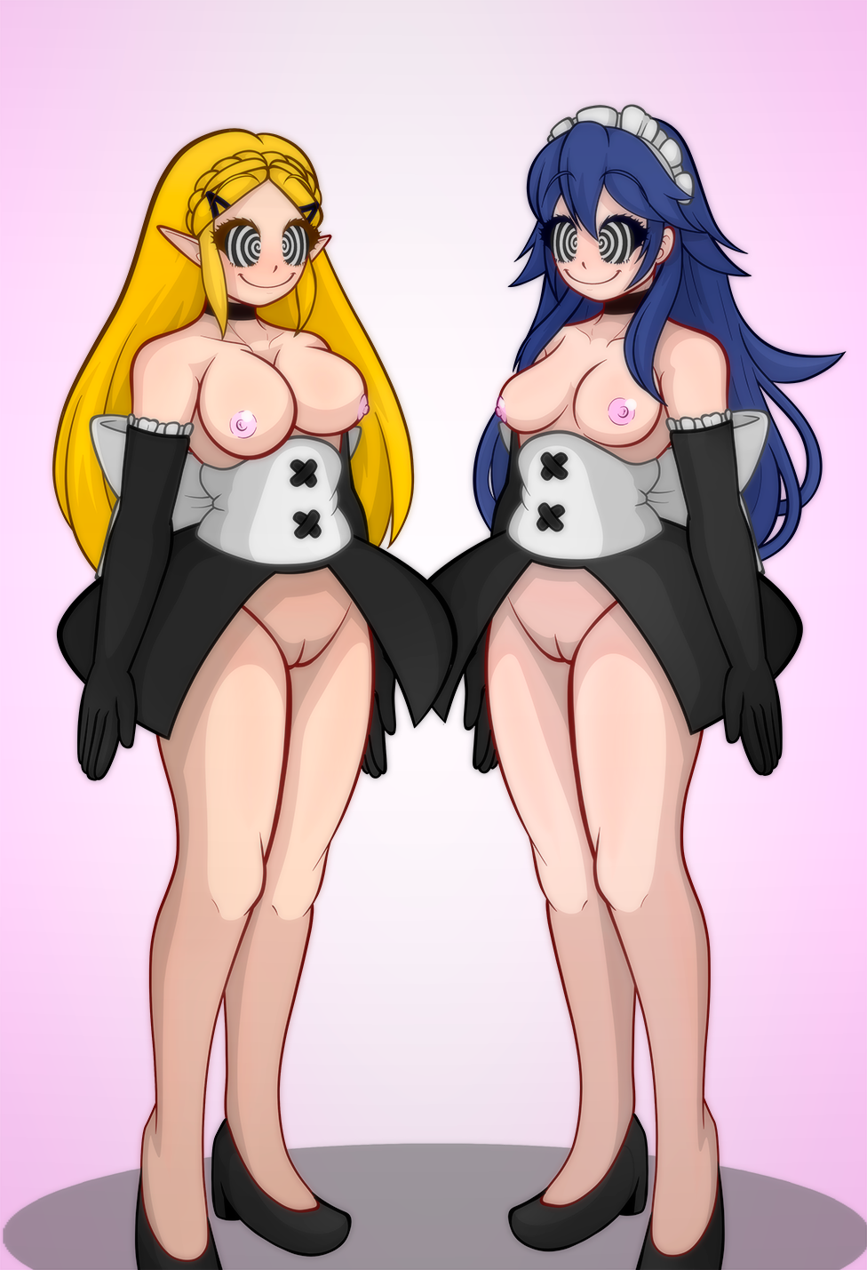 blonde_hair blue_hair bottomless bow breasts disguised_hypnotist dress elf_ears female_only femsub fire_emblem gloves happy_trance headband high_heels lucina maid maid_headdress multiple_girls multiple_subs nintendo nipples princess_zelda smile spiral_eyes standing_at_attention tagme the_legend_of_zelda topless