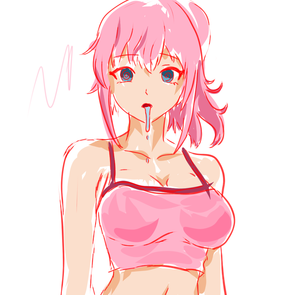 blue_eyes boui collarbone crop_top crystal_(zko) drool empty_eyes expressionless femsub long_hair looking_at_viewer navel open_mouth original pink_hair ponytail simple_background sketch spiral_eyes symbol_in_eyes tagme tank_top white_background