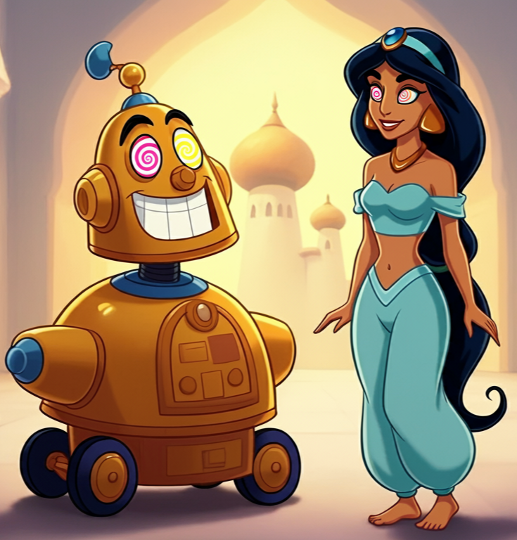 ai_art aladdin_(series) barefoot bikini_top black_hair disney femsub gregarius_(aladdin) princess_jasmine robot spiral_eyes symbol_in_eyes tech_control timb3rwolf444_(generator)