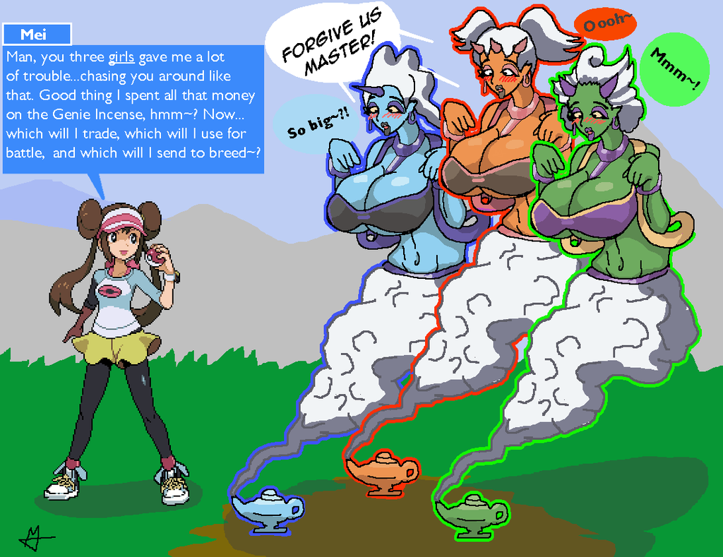 blush breasts brown_hair double_hair_bun female_only femdom femsub genderswap genie hair_buns landorus large_breasts nintendo personification pixel_art pokeball pokemon pokemon_black_and_white_2 rosa_(pokemon) text thundurus tornadus transformation