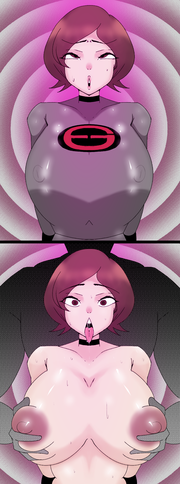 absurdres artist_request breast_grab breasts brown_eyes brown_hair choker clothed disney eye_roll femsub groping helen_parr huge_breasts instant_loss milf nipples nude open_mouth short_hair spiral_background sweat the_incredibles tongue tongue_out