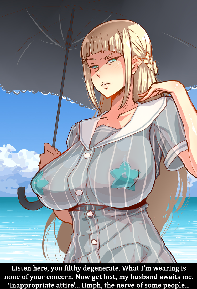 angry beach blonde_hair blue_eyes dress empty_eyes enoshima_iki femsub maledom manip pasties see-through star_pasties t323_(manipper) text umbrella unaware