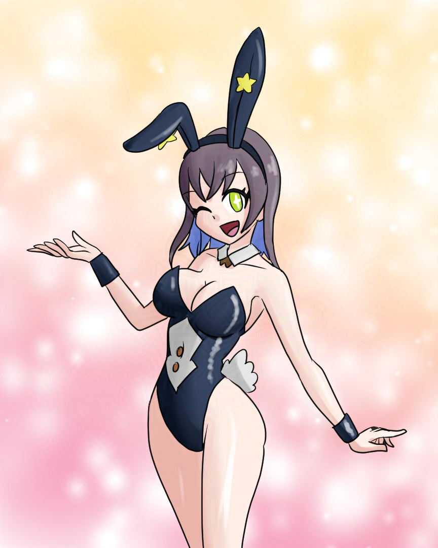 alternate_costume antenna_(biology) bappy_(hypnolandom) bare_legs bare_shoulders breasts brown_hair bunny_ears bunny_girl choker cleavage cygames eye_color_change fake_animal_ears fake_tail female_only femdom femsub green_eyes happy_trance long_hair mythkaz one_eye_open original possession smile symbol_in_eyes tagme tail thighs tight_clothing wink world_flipper yuki_mishima