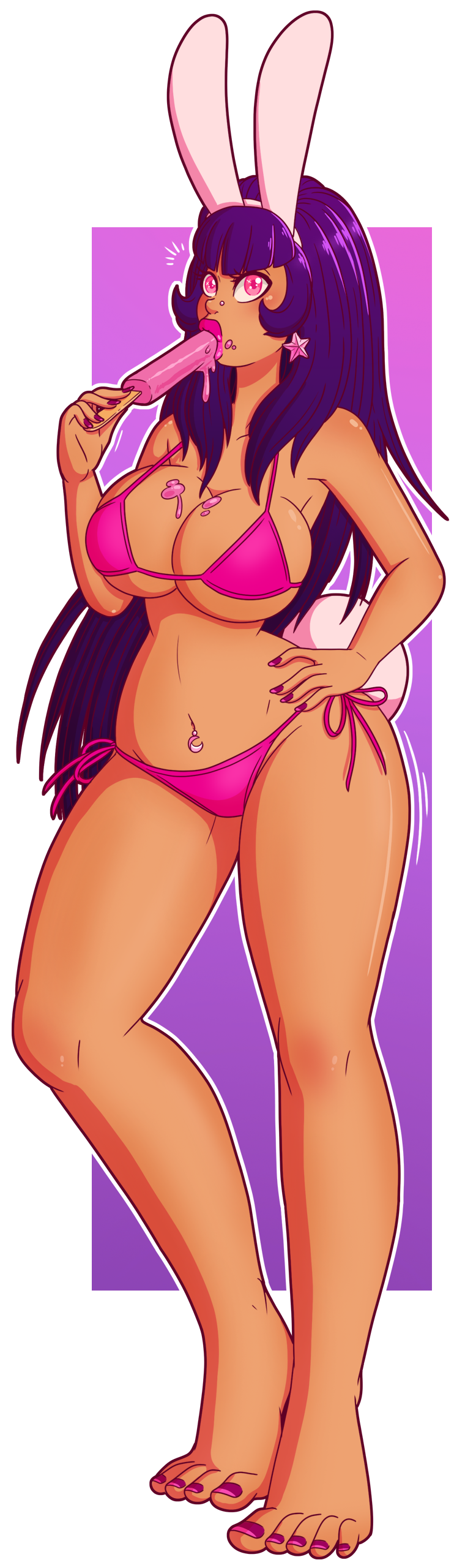 bangs bare_legs barefoot bikini bimbofication border breasts cleavage clothed_exposure collarbone dc_comics earrings fake_animal_ears fake_tail femsub hand_on_hip huge_breasts large_breasts large_hips large_lips lipstick looking_at_viewer makeup micro_bikini navel navel_piercing pink_eyes popsicle purple_hair simple_background solo story straight-cut_bangs super_hero tagme transparent_background very_long_hair wrenzephyr2 zatanna_zatara