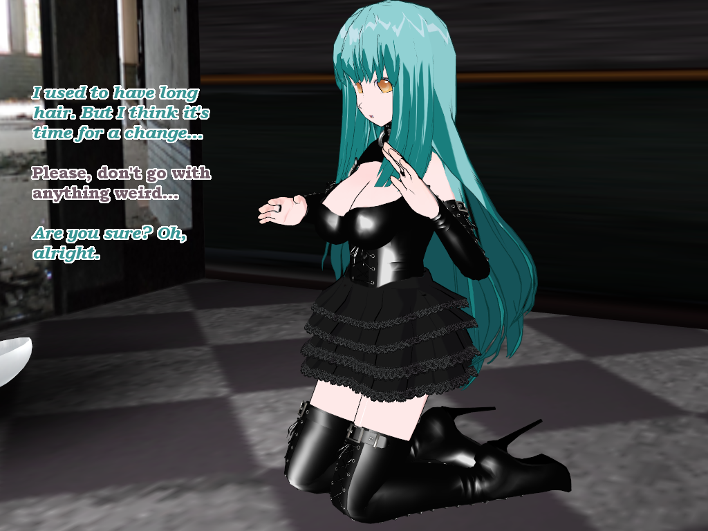 3d boots cleavage corset cyan_hair fingerless_gloves flamekin ghost_girl gothification high_heels kneeling large_breasts leather long_hair possession skirt text thigh_boots transgender yellow_eyes