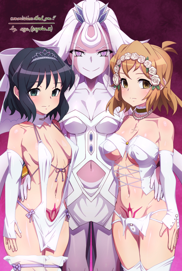 black_hair blonde_hair bridal_gauntlets choker corset crotch_tattoo empty_eyes femdom femsub green_eyes headband headdress hibiki_tachibana lingerie miku_kohinata necklace panties purple_eyes purple_skin senki_zesshou_symphogear shem-ha_mephorash smile standing uganda wedding_dress white_hair yellow_eyes