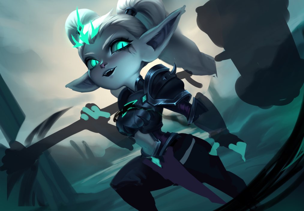 alternate_costume breasts clothed control_indicator corruption crown elf_ears eye_color_change femsub green_eyes hair_color_change hammer league_of_legends looking_at_viewer maledom midriff navel pale_skin poppy_(league_of_legends) possession ruination slit_pupils smoke twintails vatheja viego_(league_of_legends) weapon white_hair yordle