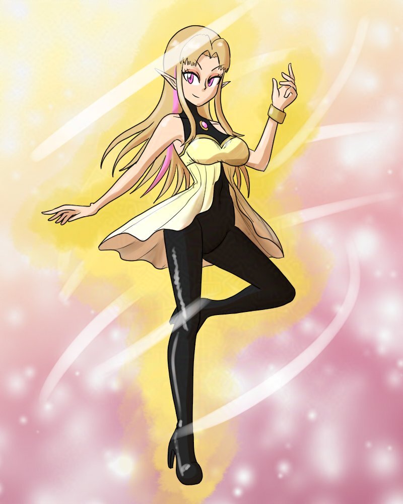 a_link_between_worlds alternate_costume alternate_hair_color aura bare_shoulders blonde_hair bodysuit bracelet breasts corruption elf_ears evil_smile eye_color_change eyeshadow female_only femdom femsub floating glowing hair_color_change happy_trance high_heels jewelry long_hair multicolored_hair mythkaz nintendo original pink_eyes pink_hair possession pream_(hypnolandom) princess princess_zelda queen royalty smile super_smash_bros. the_legend_of_zelda