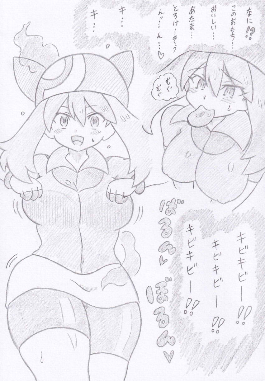 bandana banshou blush bouncing_breasts breasts chicken_dance chicken_pose clothed dancing erect_nipples erect_nipples_under_clothes female_only femsub happy_trance hypnotic_food japanese_text large_breasts may mochi_dance monochrome nintendo pokemon pokemon_ruby_sapphire_and_emerald solo text thick_thighs translation_request