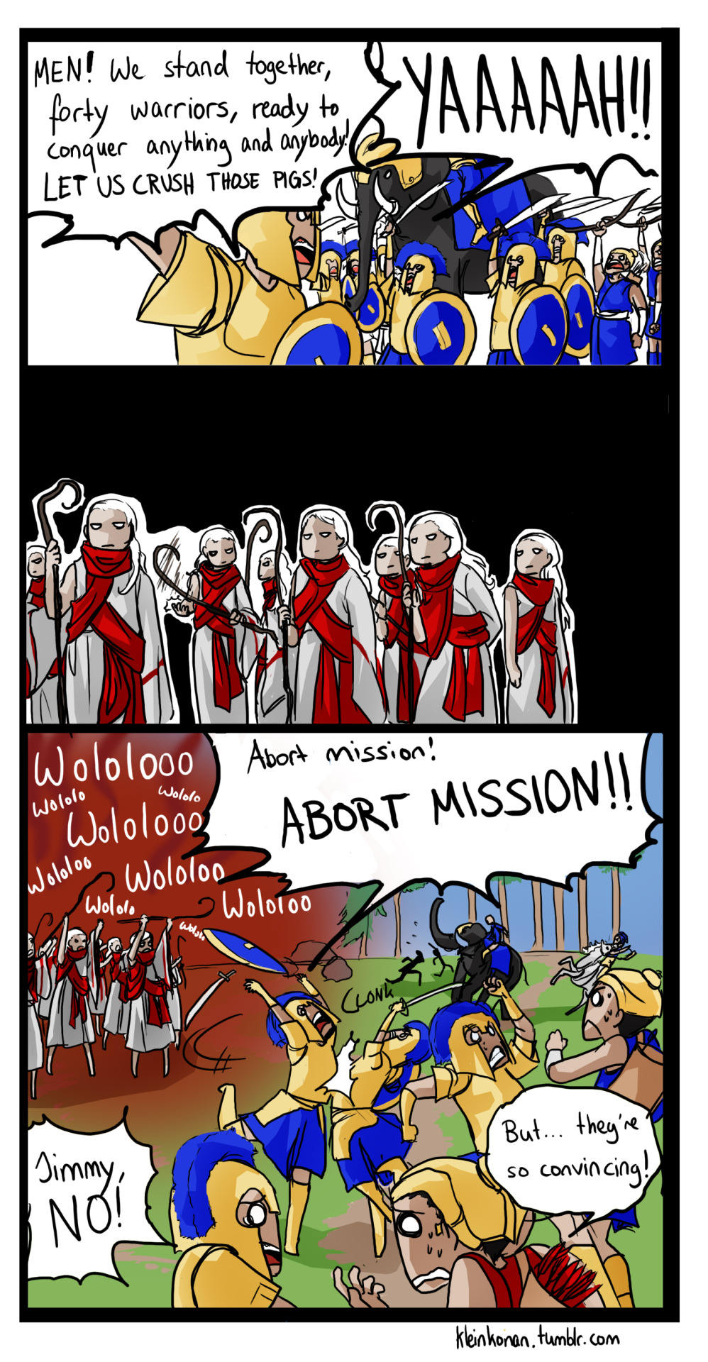 age_of_empires armor comic dialogue enemy_conversion english_text expressionless gameplay_mechanics helmet humor kleinkonan male_only maledom malesub meme multiple_doms multiple_subs priest robe signature speech_bubble staff sweat tears text weapon