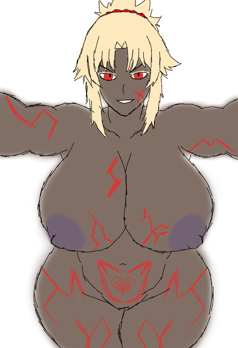 blackoin corruption crotch_tattoo dark_skin fate/apocrypha fate/grand_order fate_(series) huge_breasts mordred_(fate) nude red_eyes veins