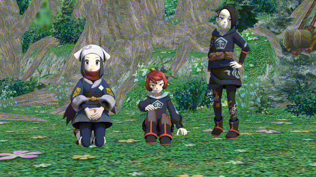 3d airmotor akari_(pokemon_legends_arceus) animated animated_gif arezu_(pokemon_legends_arceus) bandana black_hair blue_hair boots clothed female_only femsub forest hoodie looking_at_viewer mai_(pokemon) mmd multiple_girls multiple_subs nintendo pokemon pokemon_legends_arceus red_hair sandals scarf sleep_command tagme