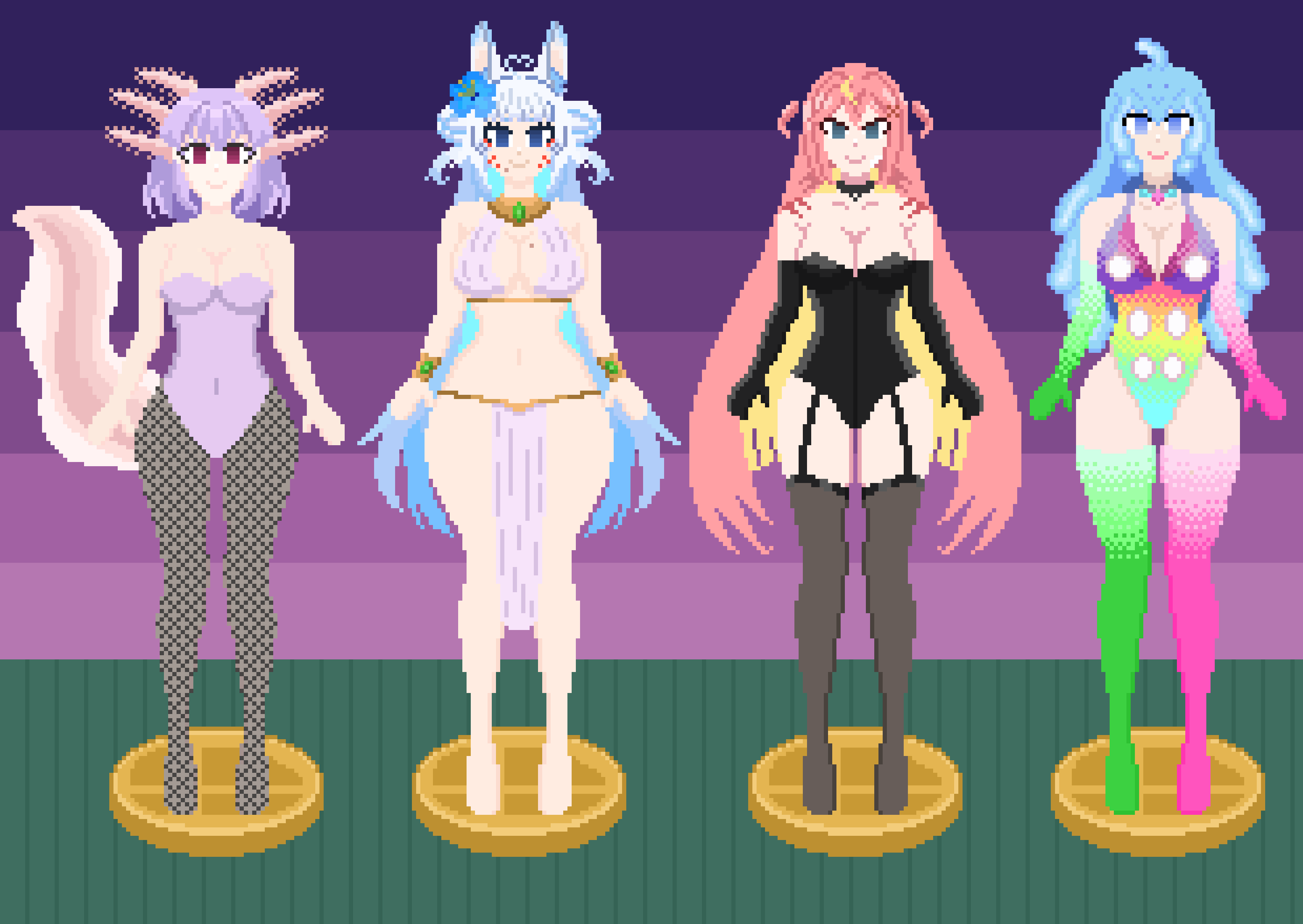 angel axolotl_girl blonde_hair blue_eyes blue_hair bunnysuit collar dominatrix empty_eyes fox_ears happy_trance harem_outfit jesmonssvt kitsune_girl kotorihikarivt malamar_outfit miyumiyu_vt nyarukavt pink_hair pixel_art pokemon purple_hair slime slimevt statue super_smash_bros. tail virtual_youtuber white_skin