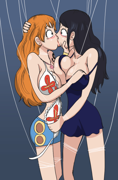 aware black_hair blush body_control cleavage control_indicator embarrassed female_only femsub gongox2 human_puppet kissing large_breasts long_hair nami_(one_piece) nico_robin one_piece orange_hair puppet shrunken_irises simple_background sub_on_sub undressing yuri