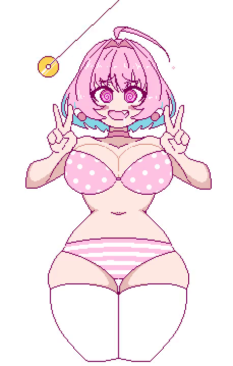 ahoge animated animated_gif bra choker cleavage collarbone double_v drool earrings eyebrows_visible_through_hair female_only femsub happy_trance hourglass_figure large_breasts looking_at_viewer navel open_mouth panties pendulum pink_eyes pink_hair pixel_art sealguy short_hair simple_background smile solo spiral_eyes striped_panties symbol_in_eyes tagme thigh_gap thighhighs underwear v white_background