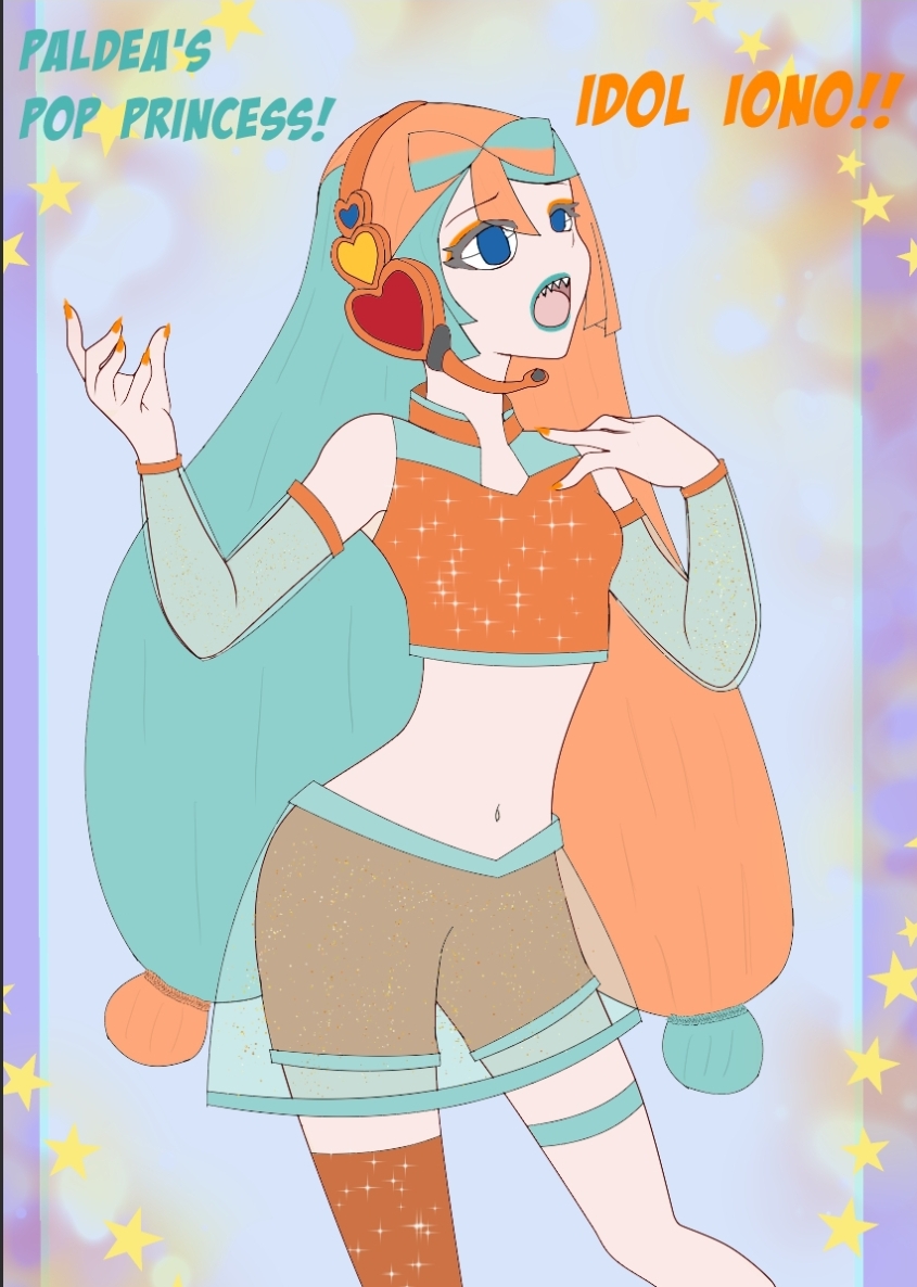 empty_eyes eyeshadow green_lipstick headphones iono_(pokemon) lunar-worx makeup midriff multicolored_hair nail_polish nintendo pokemon pokemon_(creature) possession rotom see-through singing