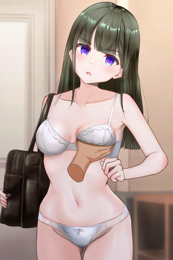 black_hair bra cellophane_tape empty_eyes femsub groping original panties purple_eyes underwear