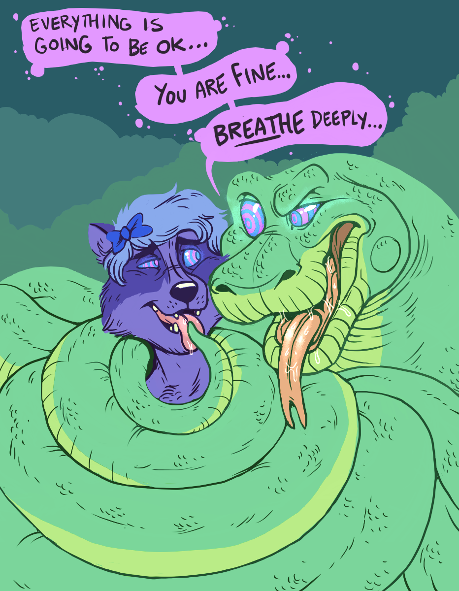 blue_hair coils dramamine drool furry hypnotic_eyes kaa_eyes maledom malesub open_mouth original raccoon_boy short_hair snake text tongue tongue_out