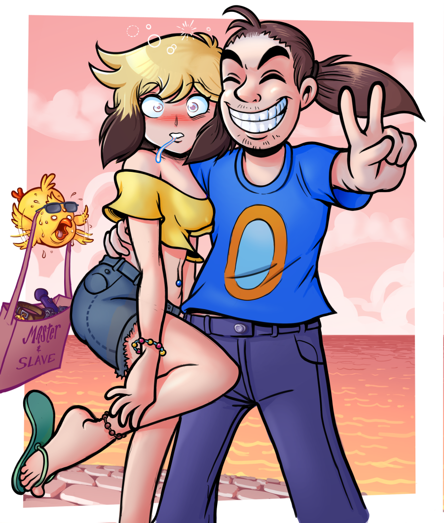 barefoot beach bird black_hair blonde_hair blush bracelet brown_hair closed_eyes collar dazed dildo drool empty_eyes erika_(er-ikaa) feet femsub jean_shorts jeans keeper_of_pots maledom multicolored_hair navel navel_piercing open_mouth original piercing ponytail sandals smile sunglasses text v