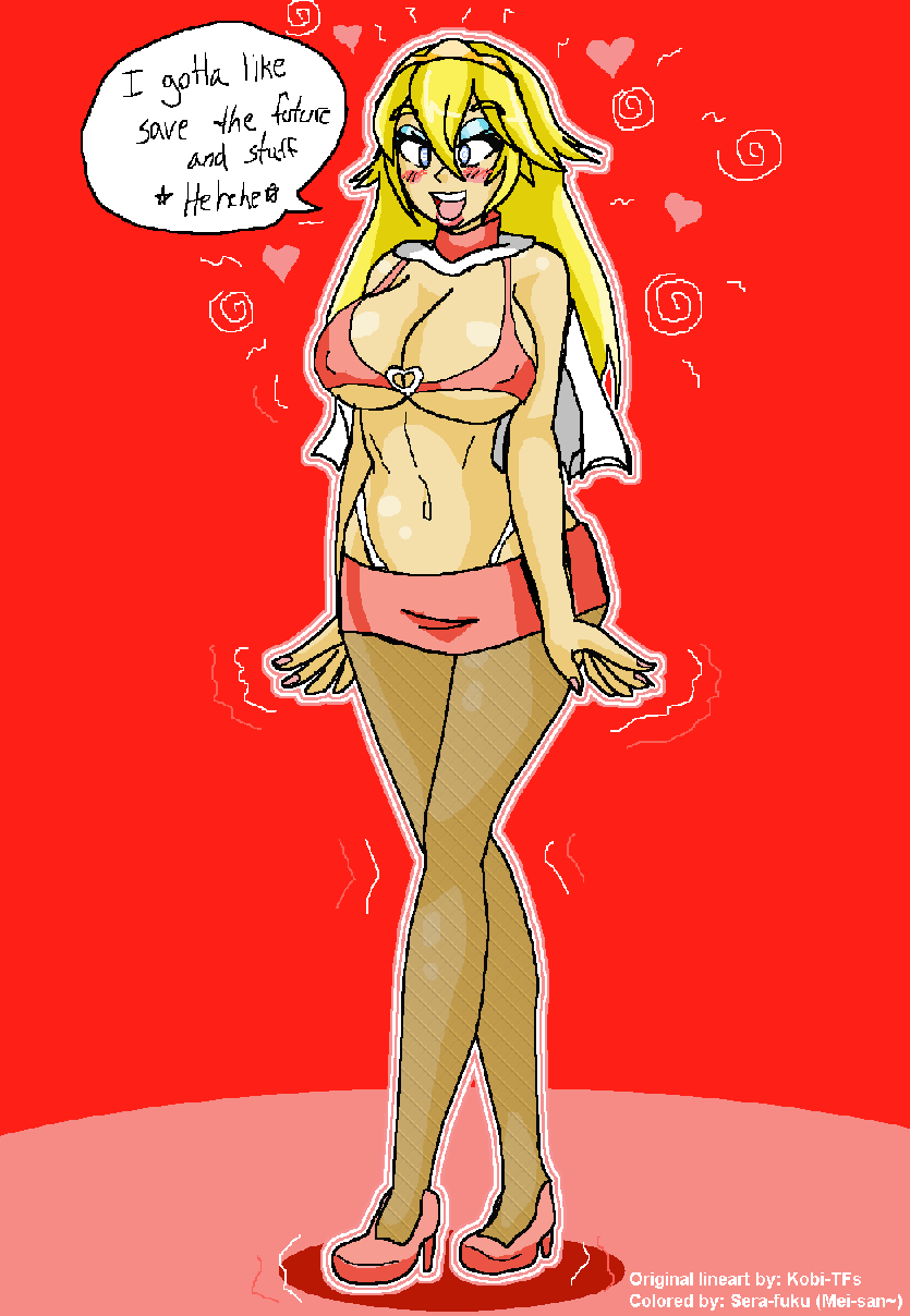 alternate_color_scheme bimbofication blonde_hair brain_drain cape circlet cleavage dialogue erect_nipples_under_clothes eyeshadow female_only femsub fire_emblem fire_emblem_awakening fishnets heart high_heels huge_breasts long_hair lucina miniskirt navel nintendo open_mouth pantyhose red_background sera-fuku signature simple_background skirt smile solo speech_bubble spiral standing text thong trembling