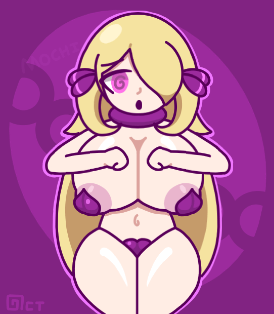 animated animated_gif bare_legs blonde_hair bottomless bouncing_breasts breasts chicken_pose cleavage clothed_exposure collar cynthia dancing female_only femsub hair_covering_one_eye heart_pasties huge_breasts mochi_dance navel nintendo nipples nude octotron2000 pasties pink_eyes pokemon signature simple_background solo spiral_eyes standing symbol_in_eyes text thick_thighs thong topless unaware very_long_hair wide_hips