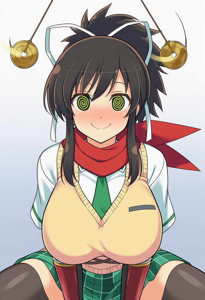 ai_art asuka_(senran_kagura) blush brown_hair coin femsub hair_ribbon happy_trance large_breasts pendulum ponytail scarf school_uniform senran_kagura simple_background skirt smile spiral_eyes spiralwash_eyes thighs valukore_(generator)