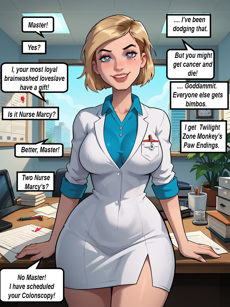 ai_art blonde_hair dialogue doctor english_text femsub gregory_michelson_(generator) humor large_breasts maledom pov_dom short_hair text uniform