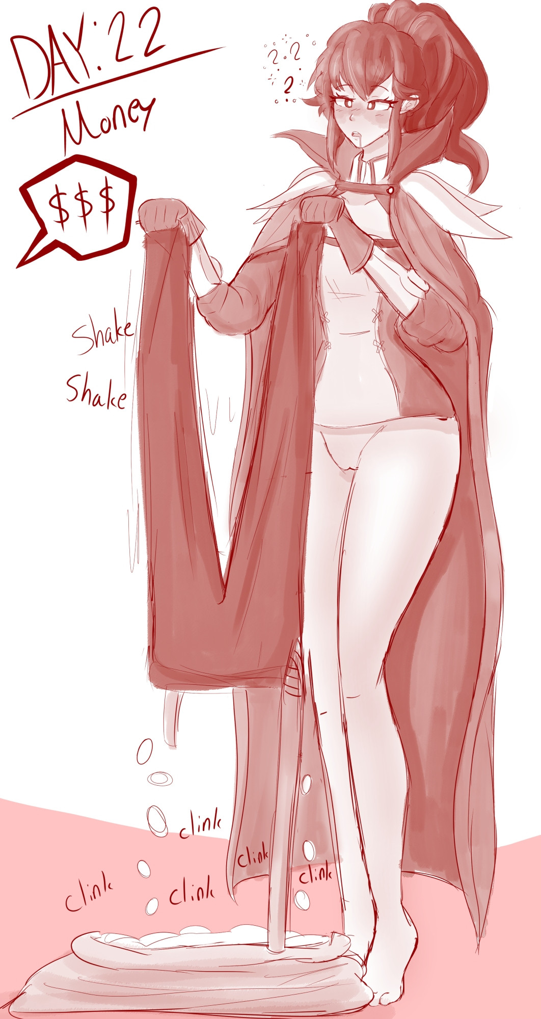 a_singular_fish anna_(fire_emblem) bare_legs barefoot belt blush bottomless bracers cape coin confused drool expressionless eyebrows_visible_through_hair feet female_only femsub financial_domination fire_emblem fire_emblem_awakening gloves hypnovember legs money open_mouth pants ponytail pussy red_eyes red_hair shirt simple_background small_breasts solo tiptoes white_background