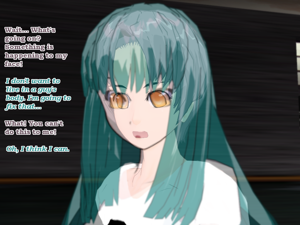 3d cyan_hair feminization flamekin ghost_girl hair_color_change hair_growth long_hair possession shirt text transformation transgender unusual_pupils yellow_eyes