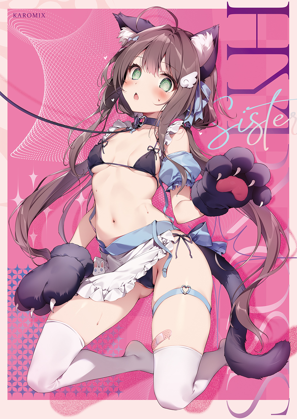 ahoge animal_ears bare_shoulders blush bow brown_hair cat_ears cat_girl cat_tail complex_background empty_eyes female_only femsub garter gloves green_eyes hair_ornament karory kneeling looking_at_viewer navel original pink_background signature skirt skirt_lift small_breasts socks solo spiral_eyes symbol_in_eyes tail text thighhighs twintails underwear