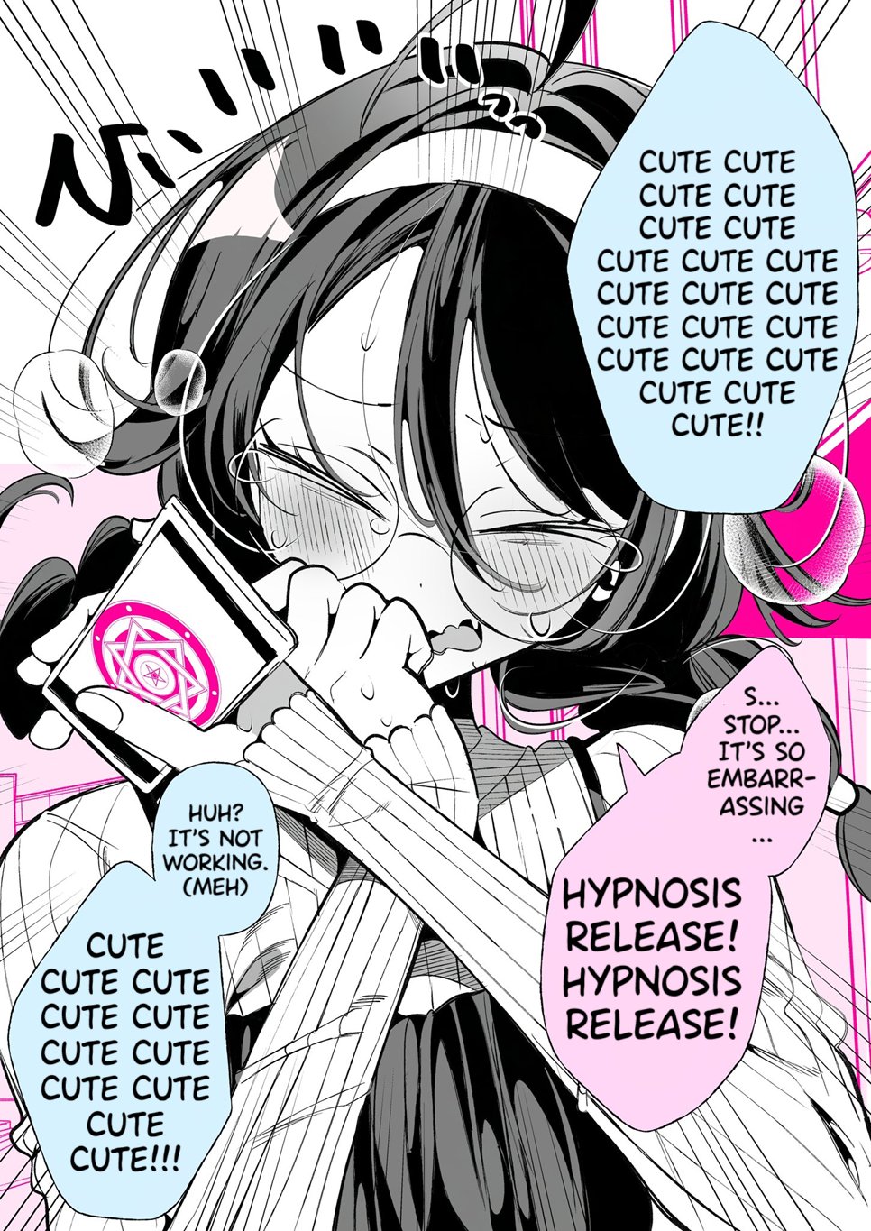 blush closed_eyes clothed dialogue embarrassed english_text failed_hypnosis glasses gohome-kun hard_translated hypnotic_app original phone tears text translated wholesome