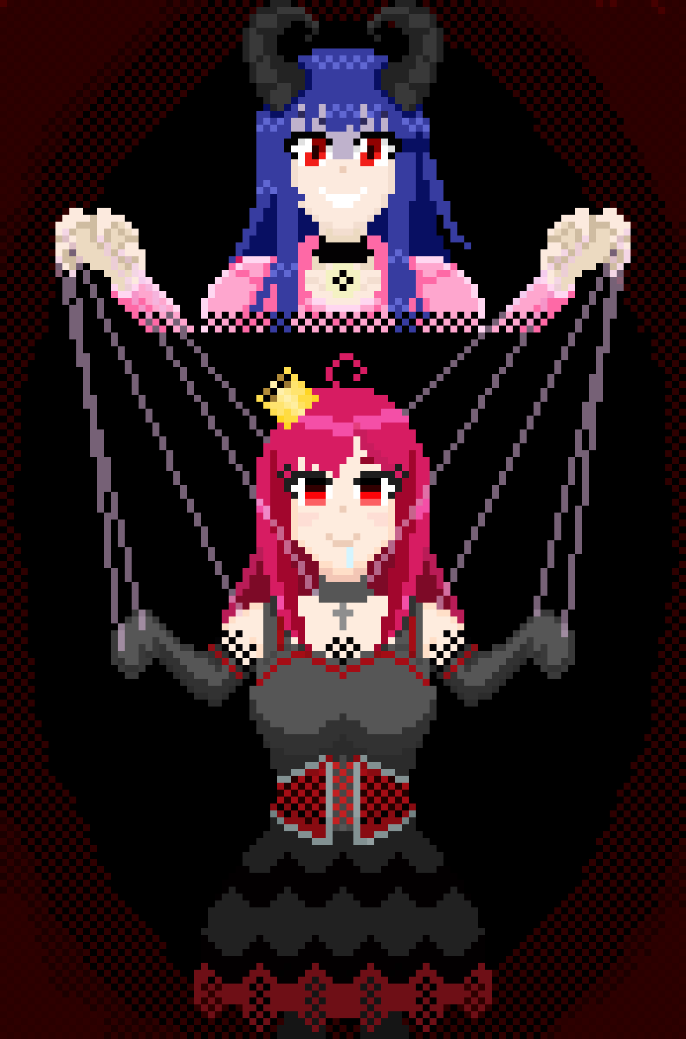 aqua_vt choker control_indicator crown drool femsub happy_trance horns human_puppet long_hair looking_at_viewer nyarukavt pixel_art puppet red_eyes red_hair shimo_vt smile tagme virtual_youtuber